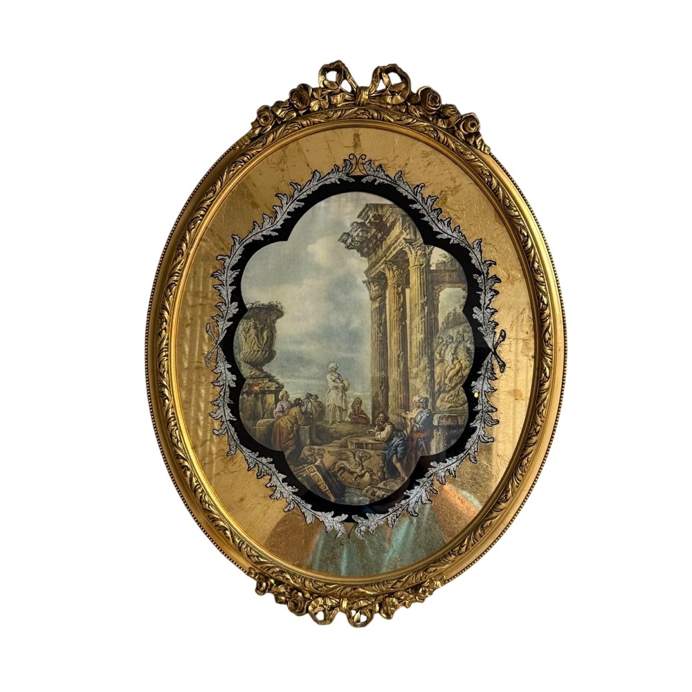 Vintage Ornate Gold Oval Framed Roman Ruins Art Classical Italian Scene 23x18